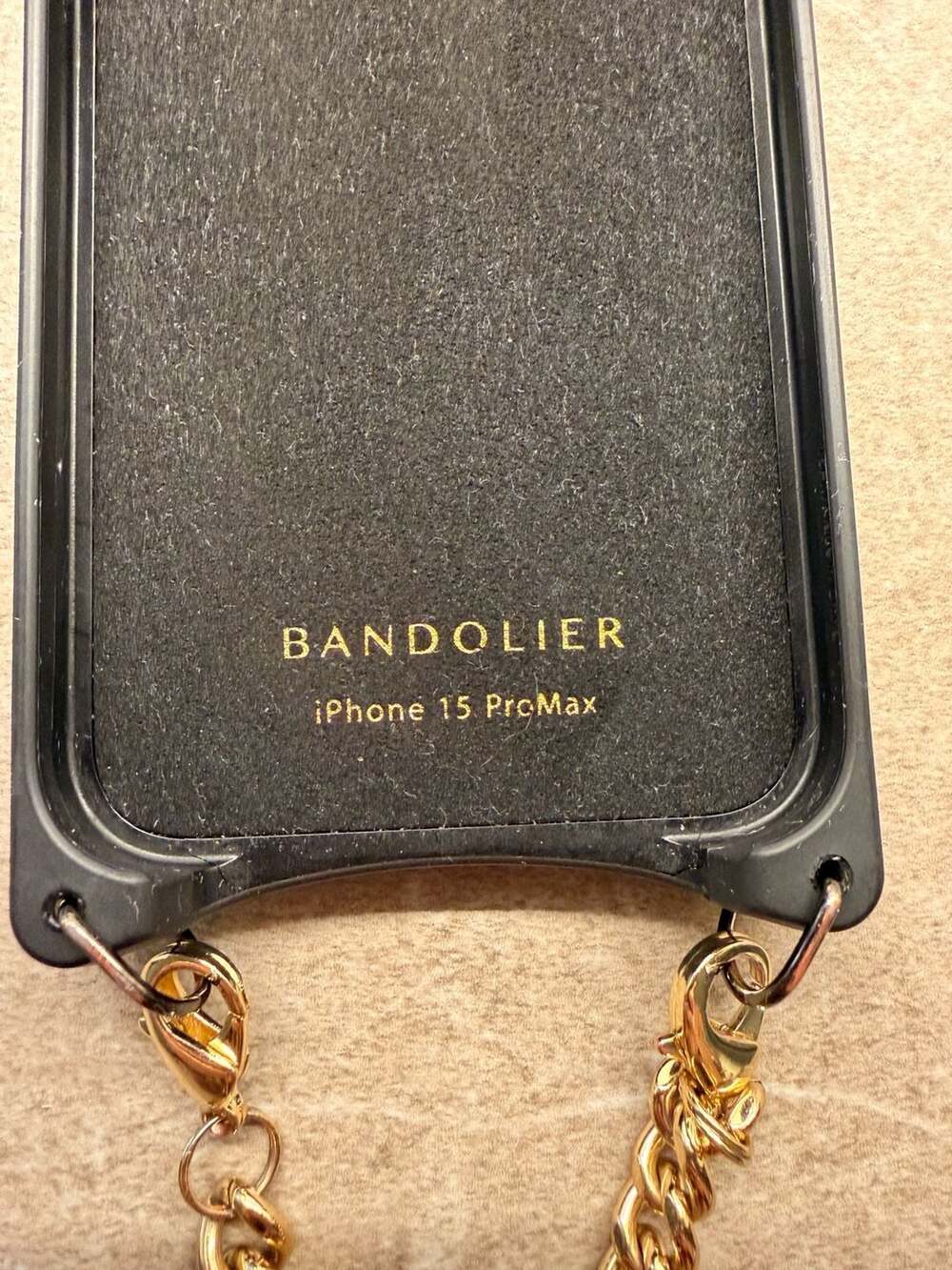 Bandolier Black Leather Phone Case with Gold Chain Strap for iPhone 15 Pro Max